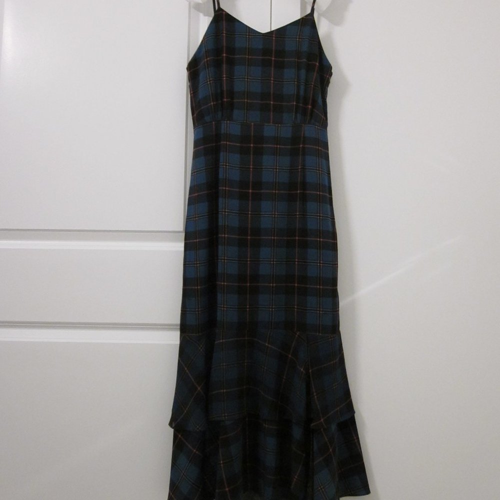 Women spaghetti strap one-piece plaid printed ruffle hem dress with lini…